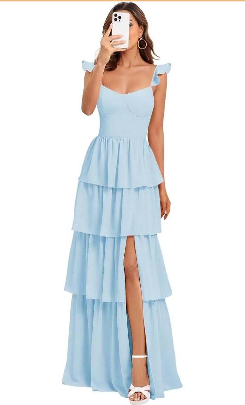 Tiered Ruffle Maxi baby blue dress Bridesmaid Slit Size 8 Tea party Bridesmaid